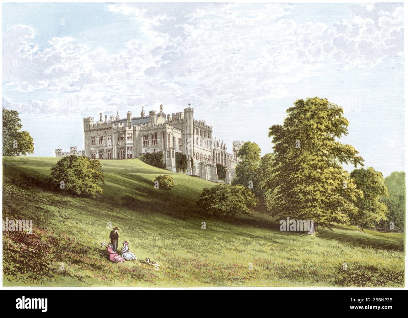 A coloured illustration of Lambton Castle, Chester-le-Street scanned at high resolution from a book printed in 1870. Believed copyright free. Stock Photo