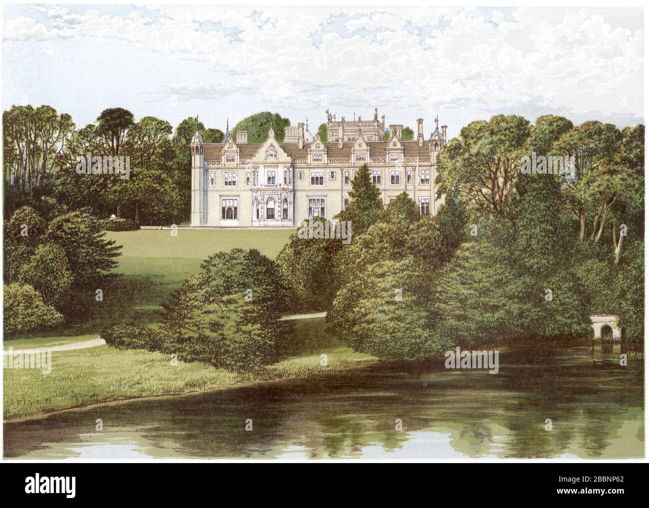A coloured illustration of Keele Hall, Staffordshire UK scanned at high resolution from a book printed in 1870. Believed copyright free. Stock Photo