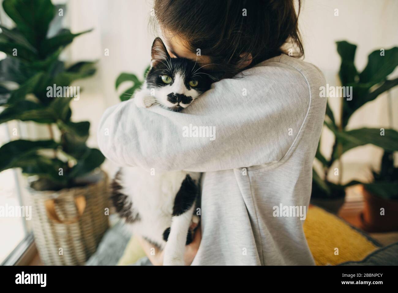 Hipster girl hugging cute cat, sitting together at home during coronavirus quarantine. Stay home stay safe. Isolation at home to prevent virus epidemi Stock Photo