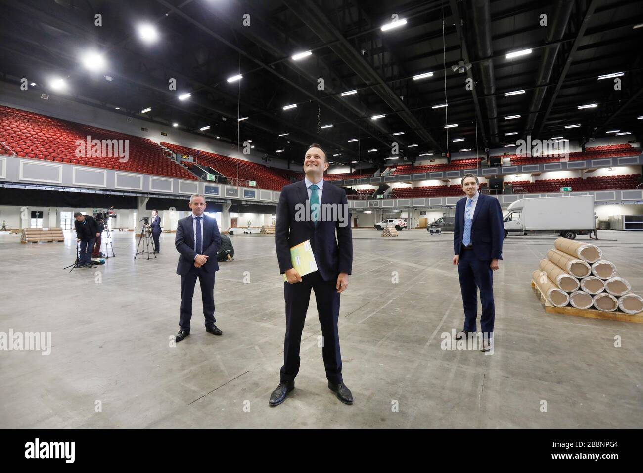 Taoiseach Leo Varadkar, Paul Reid CEO of the HSE and Minister for Health Simon Harris in the Conference Centre at Citywest Hotel Dublin as preparations get under way for a Covid-19 Isolation and Step Down Facility. Stock Photo