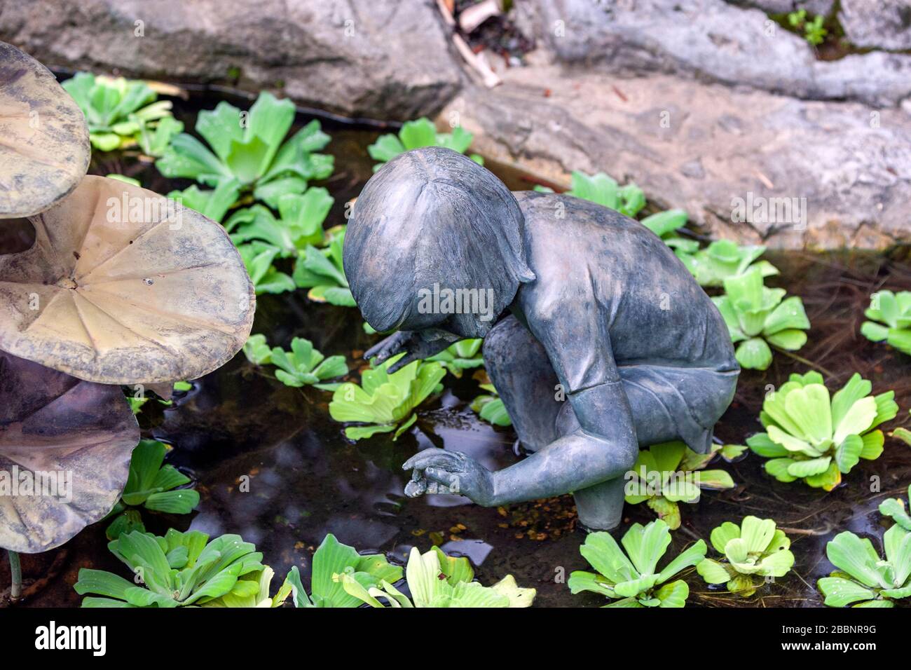 Boy with a coin sculpture in National Orchid Garden, Singapore Botanic Gardens, Singapore Stock Photo