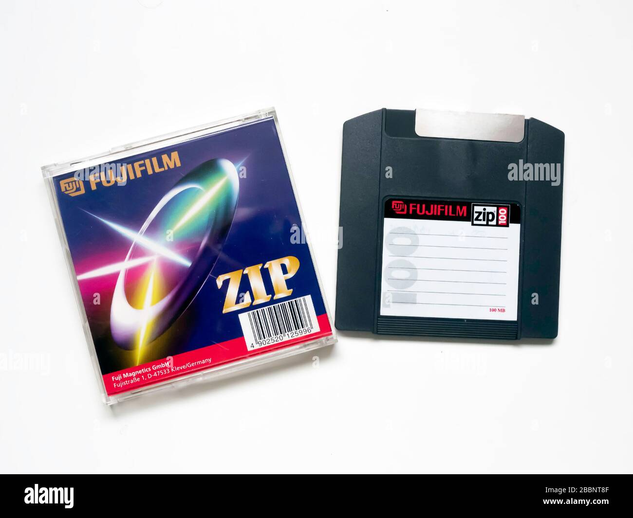 Fujifilm Zip drive 100MB disc Superfloppy disc medium capacity portable data storage late 1990s with box Stock Photo