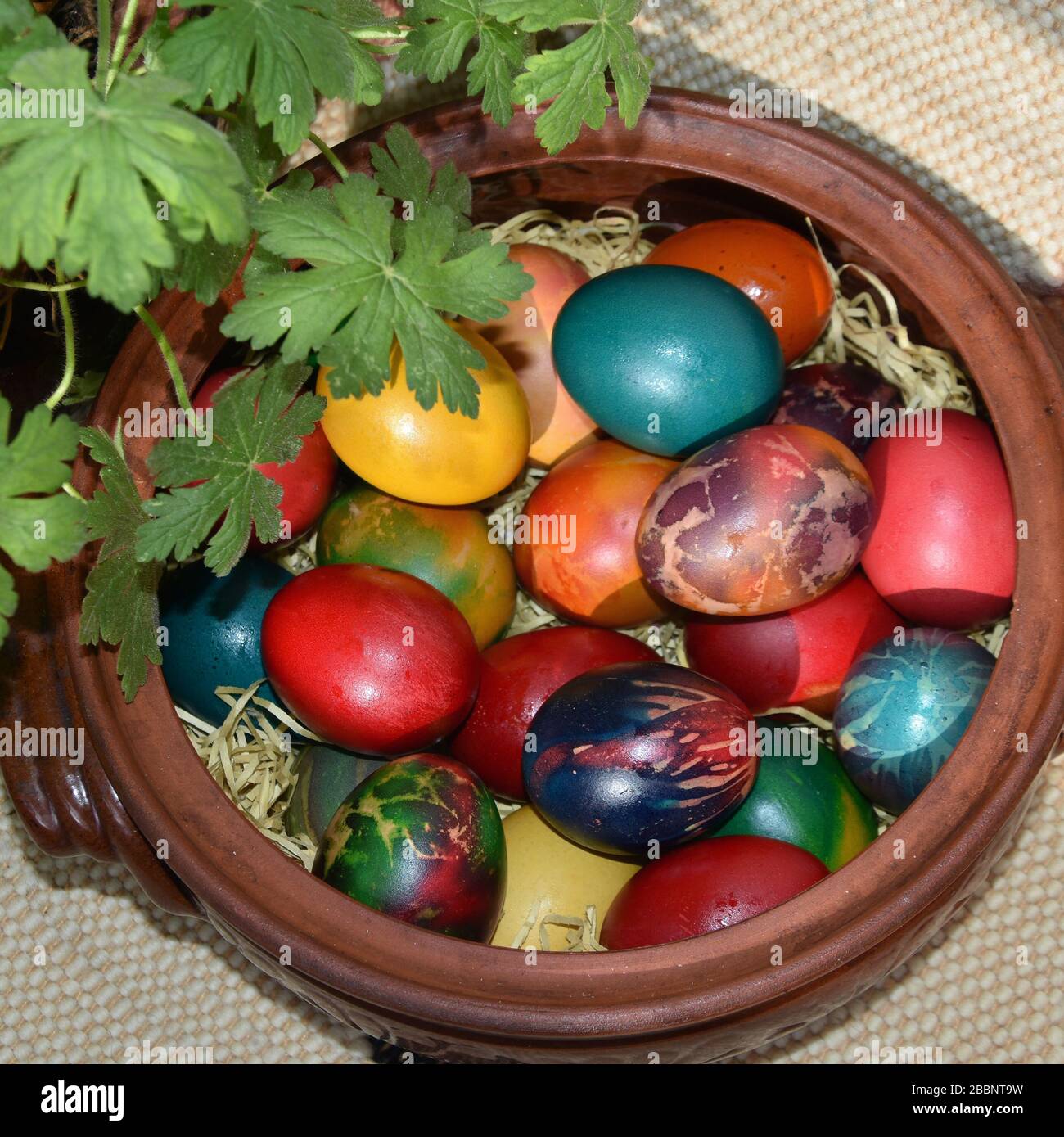 Pot full of multicolored Easter eggs. Green leaves of geranium. Rustic earthenware. Handmade rug at background. Stock Photo