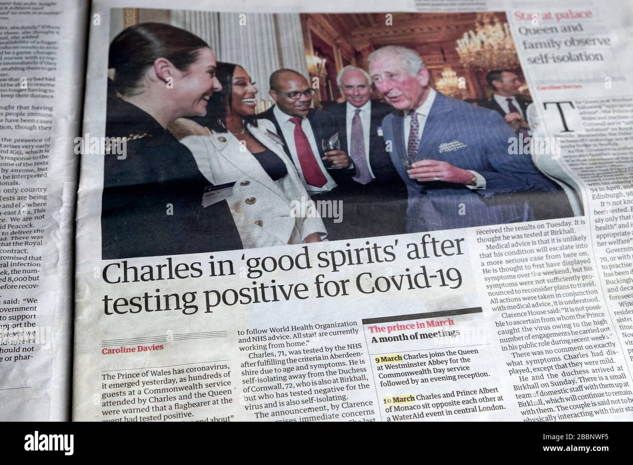 'Charles in good spirits after testing positive for Covid-19' front page Guardian newspaper headline on 25 March 2020 London England UK Stock Photo