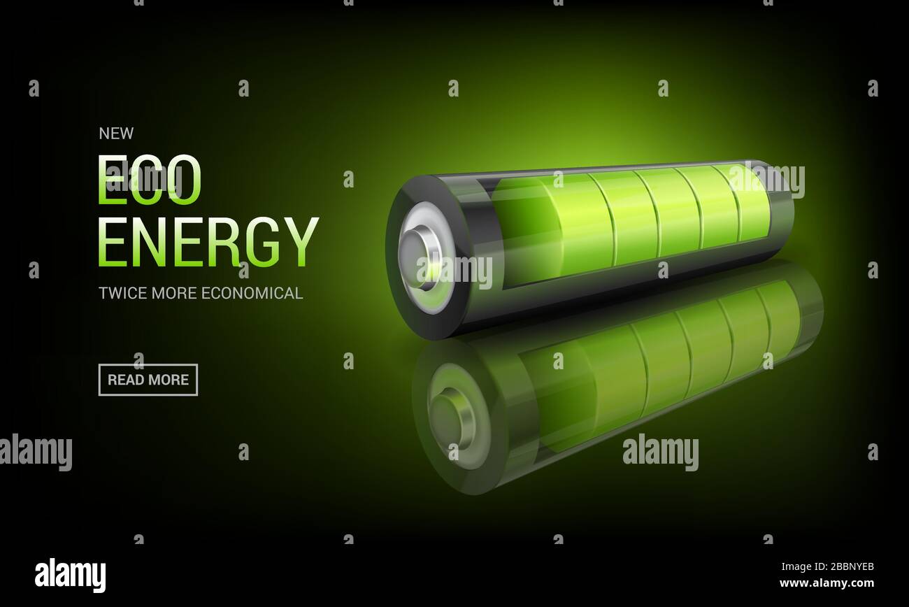 Banner with Realistic 3d green battery, environmental alternative energy. charging status indicator Stock Vector