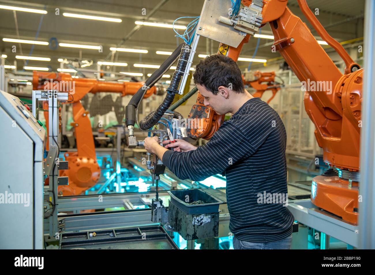 robotization of modern industry in the factory. Introduction of new
