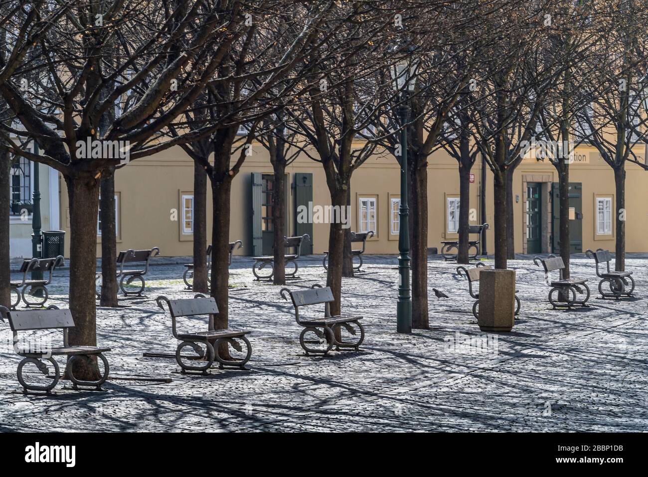 vacant seats in Prague's park Na kampe during Covid-19 pandemy Stock Photo