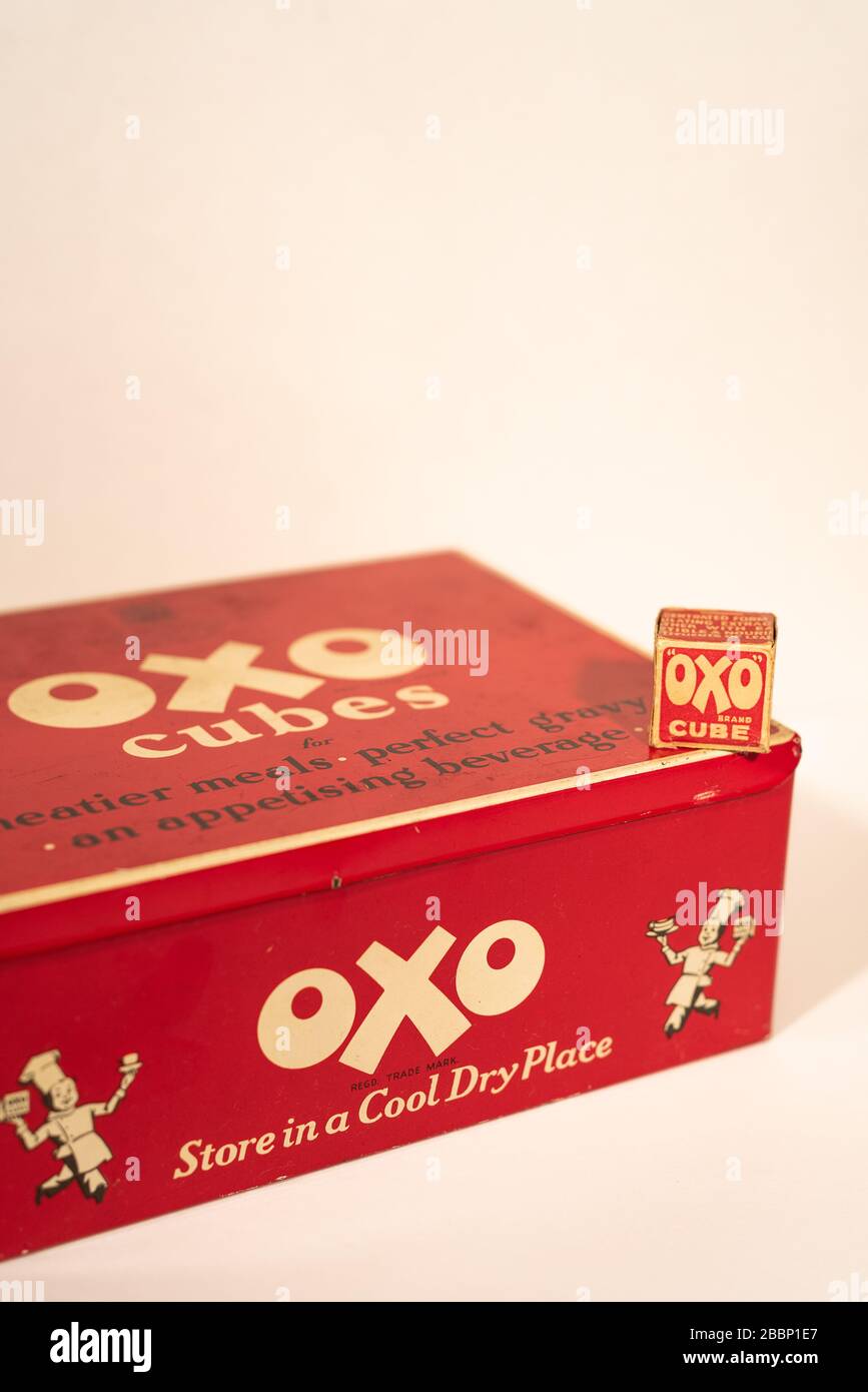 GERMANY - MARCH 24, 2019: Vintage OXO cubes tin isolated on white  background. OXO is a brand of food products, including stock cubes, herbs  and spices, dried gravy, and yeast extract. Stock