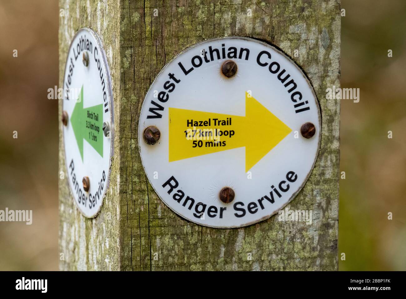 West Lothian Ranger Service sign on a post in Almondell and Calderwood Country Park, West Lothian Scotland. Stock Photo