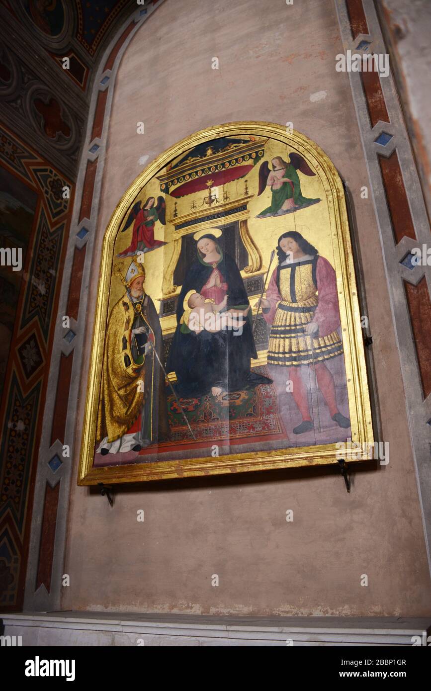 Madonna con Jesù Bambino in trono con i Santi Ubaldo e Sebastiano painting, Madonna with Child Jesus on Throne with Saints Ubaldo and Sebastiano 1507, Stock Photo