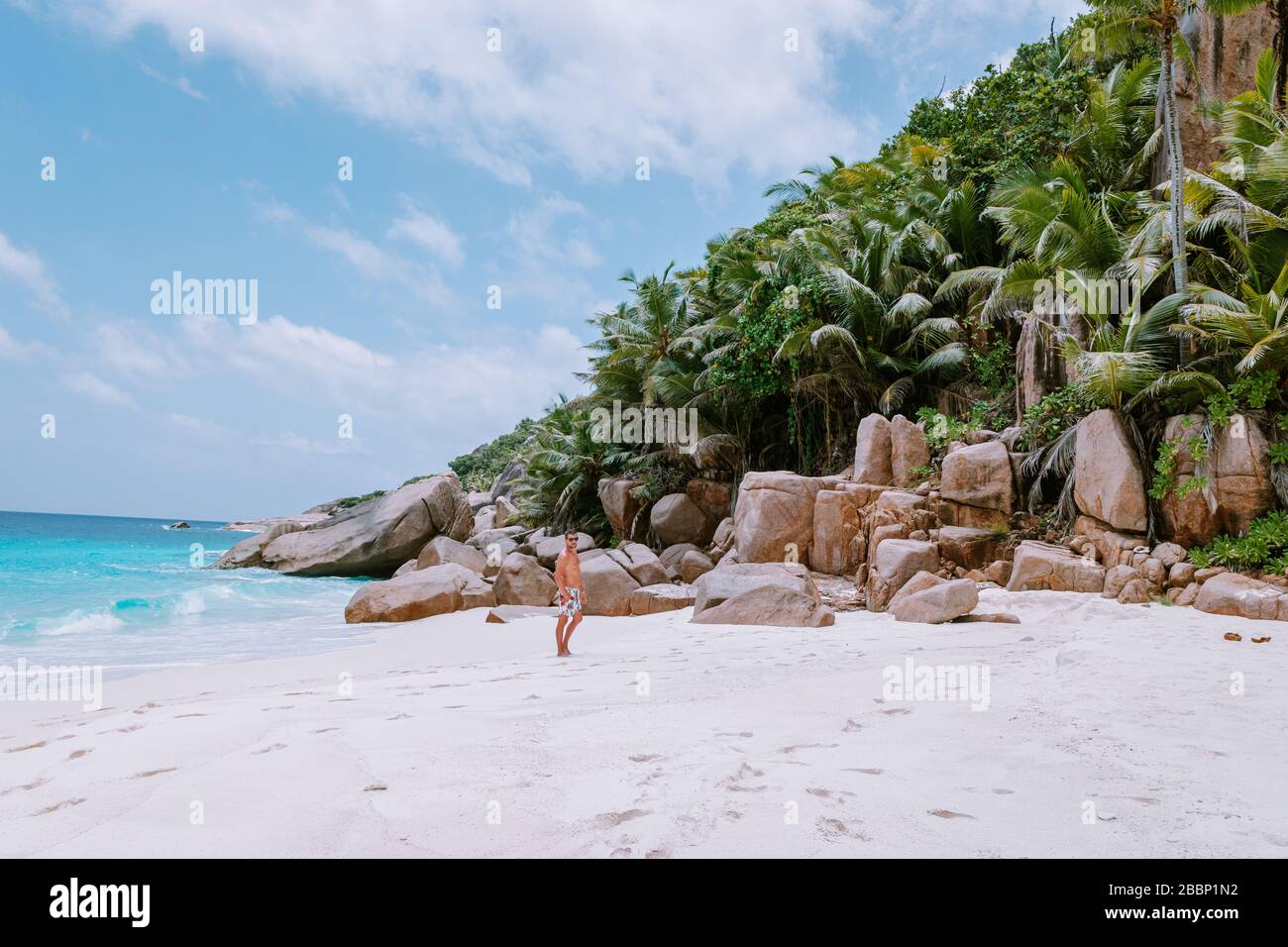 Stunning tropical beach at Seychelles, giant granit rocks on the beachs, Praslin Island Seychelles Cote dor beach Stock Photo