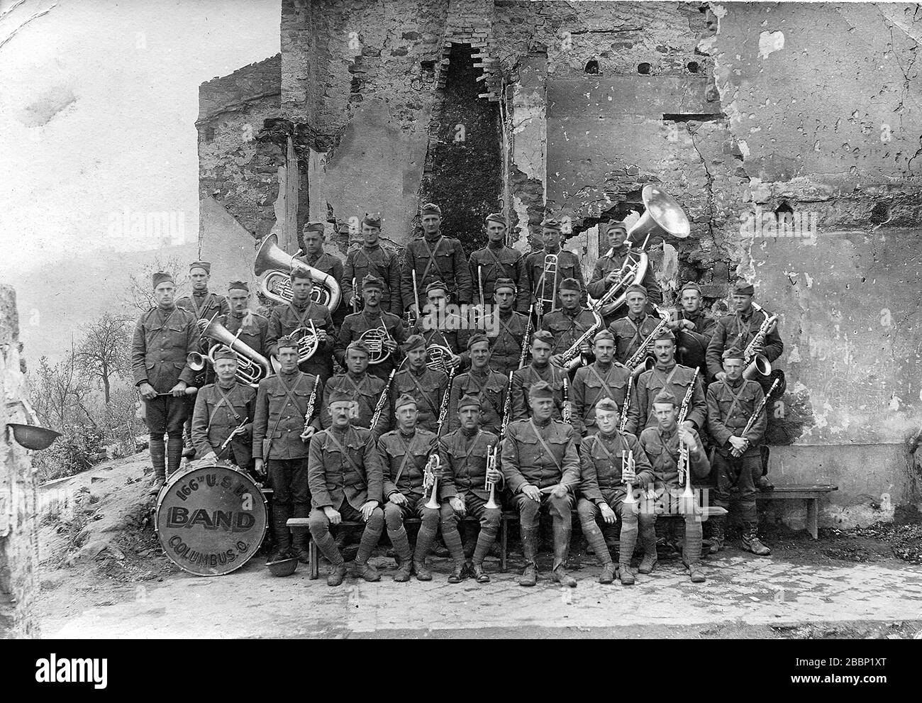 A wartime photo of the 166th Infantry Regiment Band taken in France. April 6 commemorates the 100th anniversary of the U.S. entry into World War I.  (Maj. Gen. Benson Hough Collection/Ohio Army National Guard Historical Collections) Stock Photo