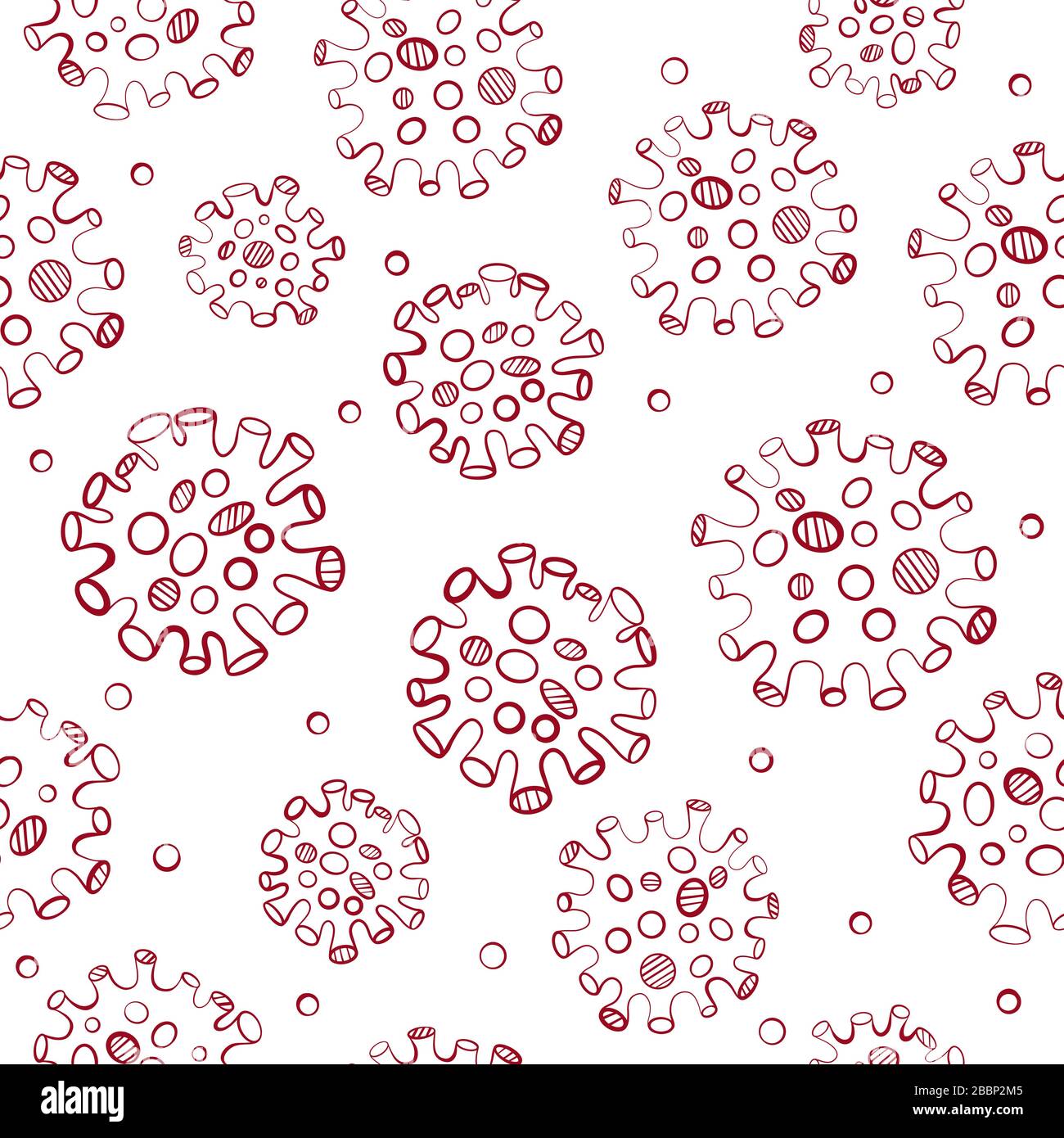 Seamless pattern with viruses. Coronavirus medical pattern with covid-19 bacteria. Vector red linear illustration on white background Stock Vector