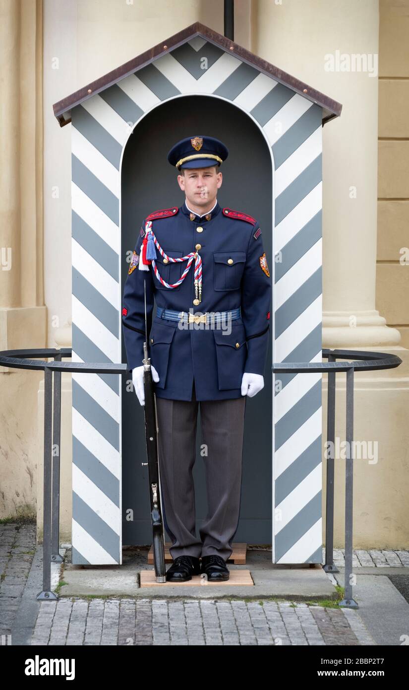 A sentry standing frozen at attention in front of the Prague Castle in Prague, Czech Republic. Stock Photo