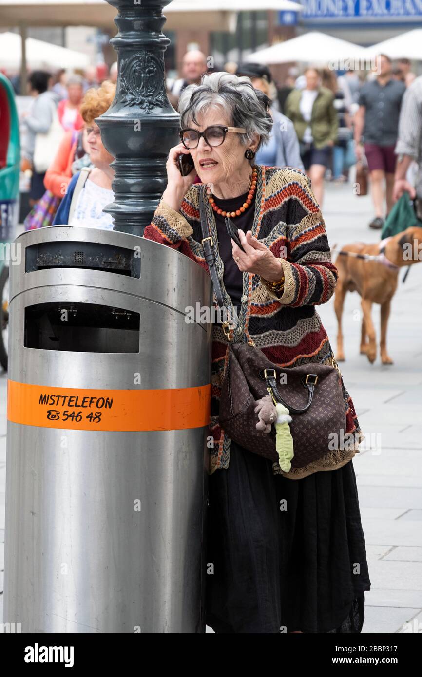 An attractive well dressed older woman has an animated cell phone conversation on a crowded street in Vienna, Austria. Stock Photo