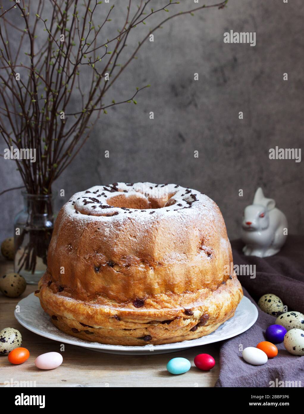 Reindling, german and austrian easter cake in easter decoration. Rustic style. Stock Photo