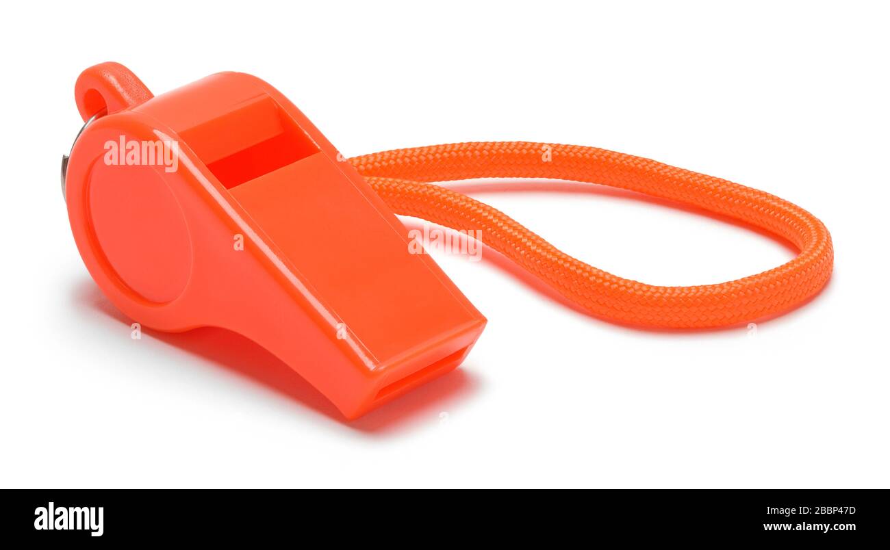 Orange Plastic Whistle Isolated on White Background. Stock Photo