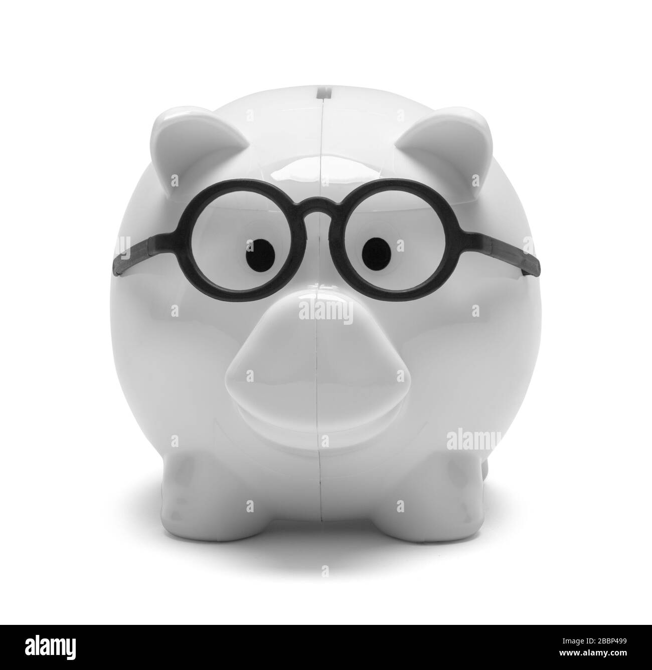 Piggy Bank Wearing Black Glasses Isolated on White. Stock Photo