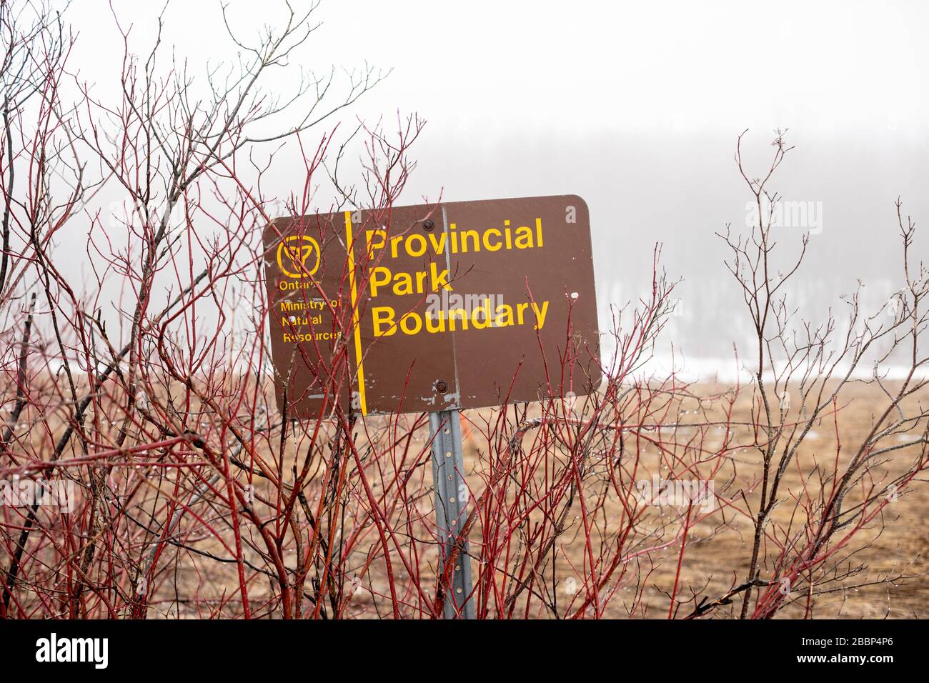 BLUE MOUNTAINS, ONTARIO, CANADA - An Ontario Ministry of Natural Resources, Provincial Park Boundary sign at Pretty River Provincial Park. Stock Photo