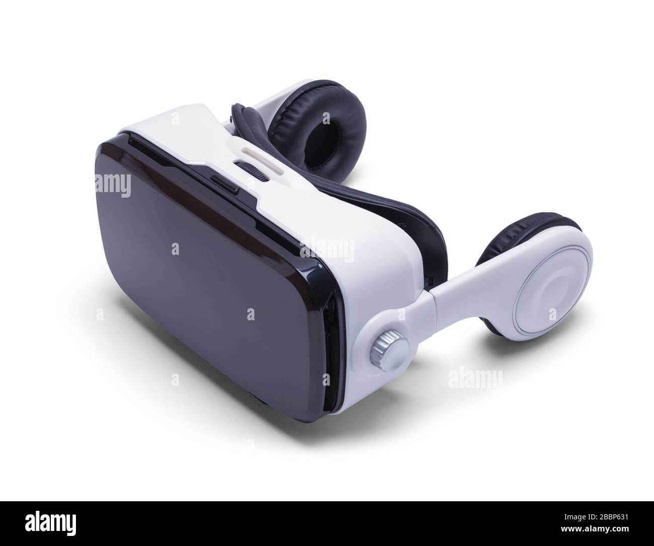 Virtual Reality Helmet with Headphones Isolated on White. Stock Photo