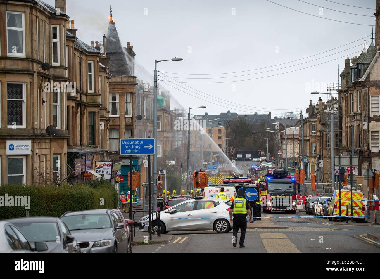 Glasgow, UK. 1st Apr, 2020. Pictured: Tenement House Fire in Albert Drive in Glasgow's south side in Pollockshields. Fire service have attended aa huge blaze, the second in four months in Pollokshields area of Glasgow. Credit: Colin Fisher/Alamy Live News Stock Photo