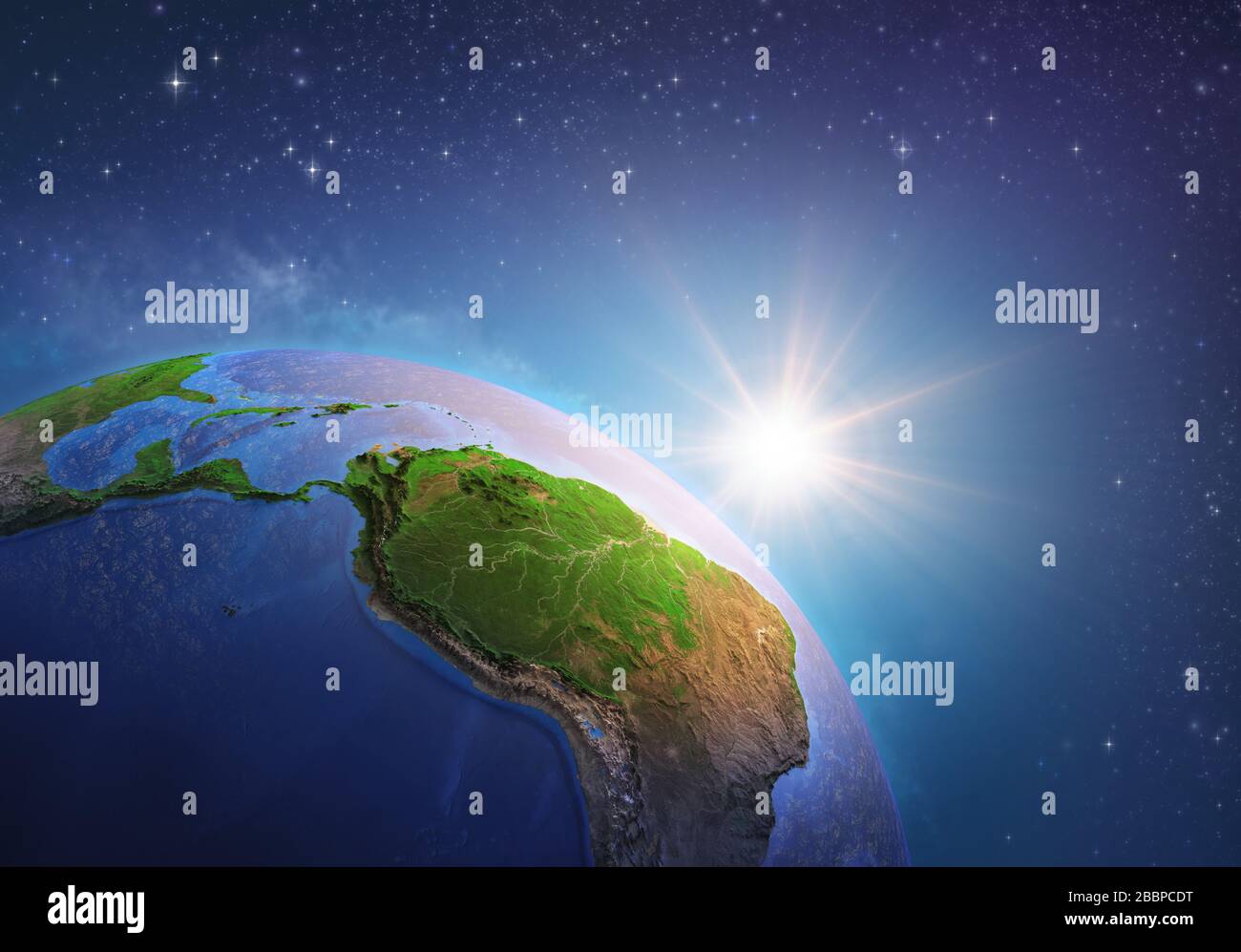 Surface of the Planet Earth viewed from a satellite, focused on South America and Amazon rainforest, sun rising on the horizon. Physical map of Amazon Stock Photo