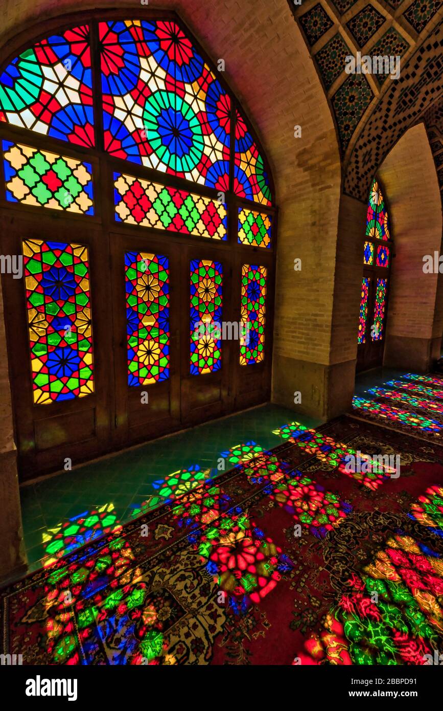 Stained glass windows in Nasirolmolk Mosque or Pink Mosque in Shiraz