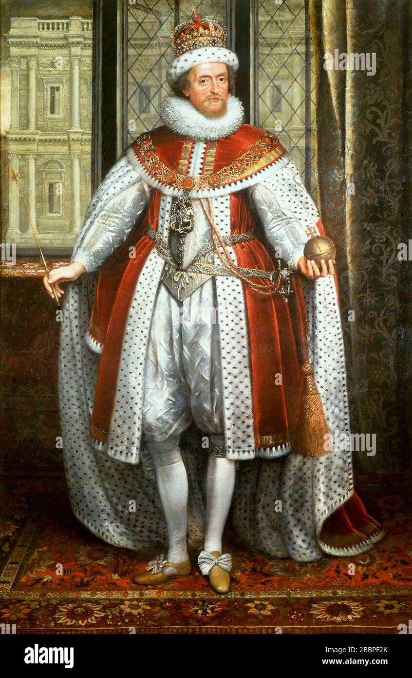 JAMES I and VI (1566-1625) King of Scotland as James VI and England and Ireland as James I. Portrait by Paul van Somer about 1620. Stock Photo