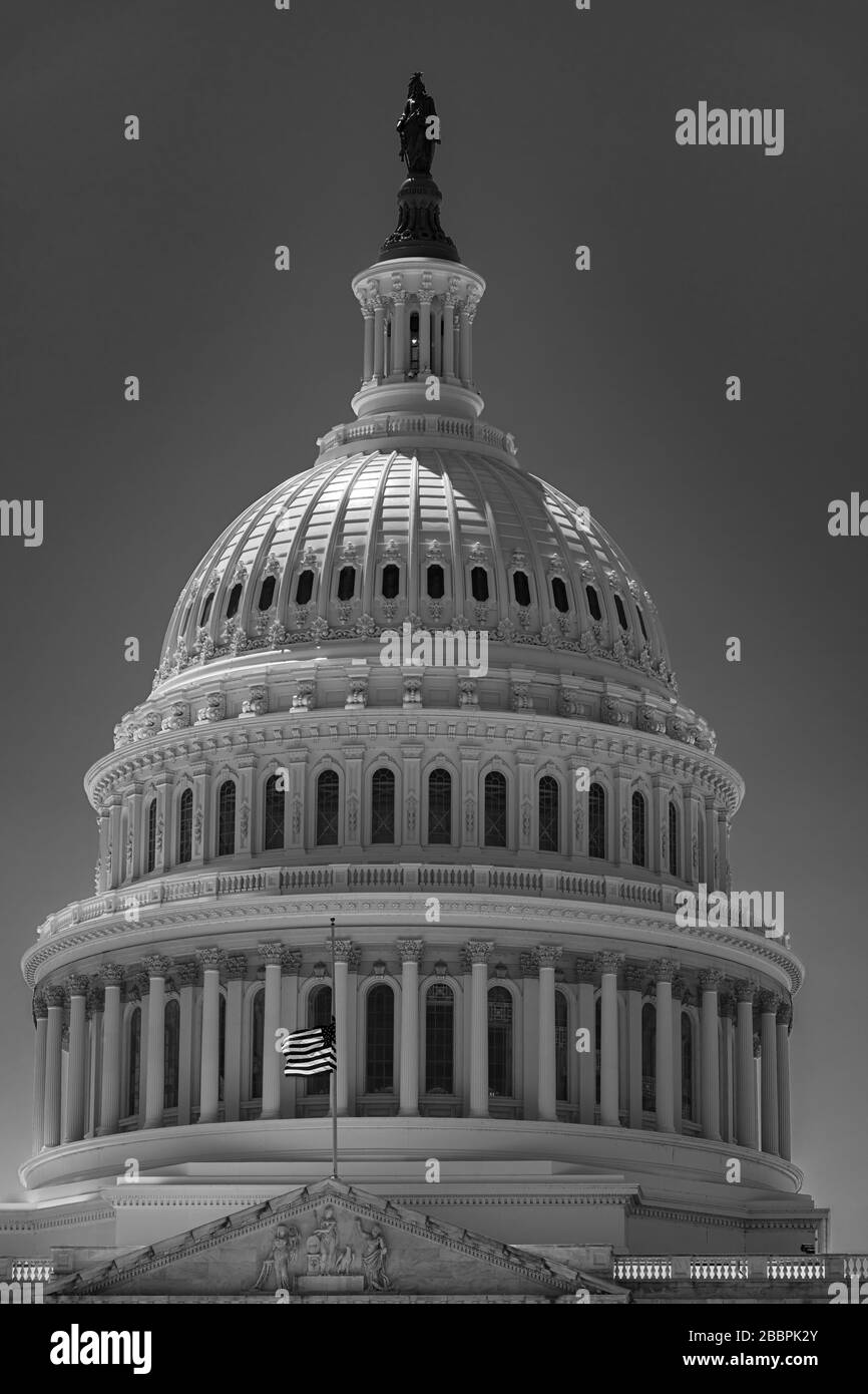 Thomas U. Walter's magnificent cast-iron dome of the US Capitol rises 288' above Capitol Hill in Washington DC Stock Photo