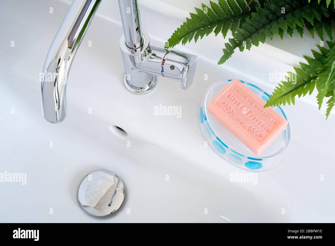 A domestic restroom washbasin or sink. Pink French soap bar, chrome tap and decorative fern. Stock Photo