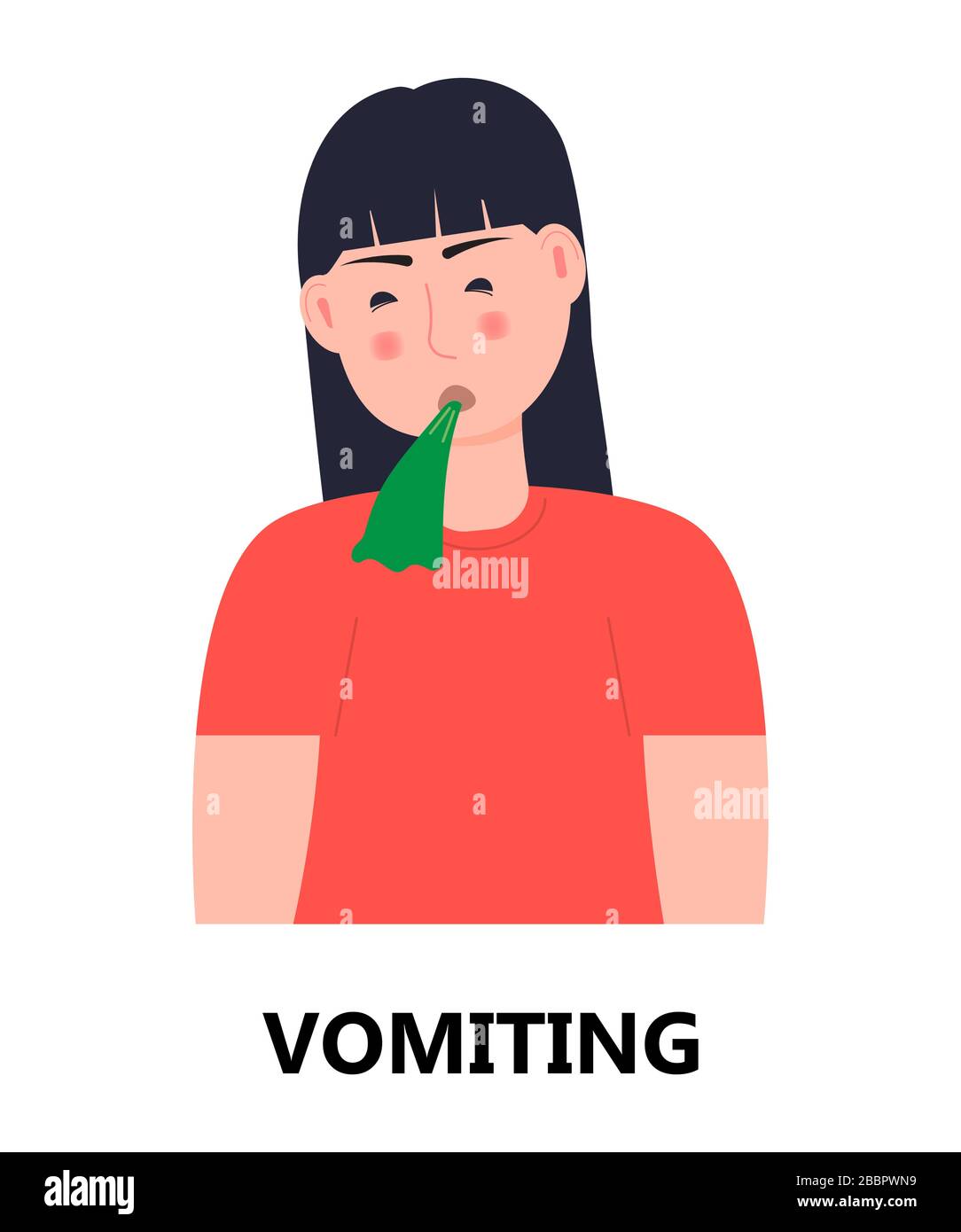 Vomiting icon vector. Poisoning, poor digestion, stomach ulcer are shown. Girl vomits and