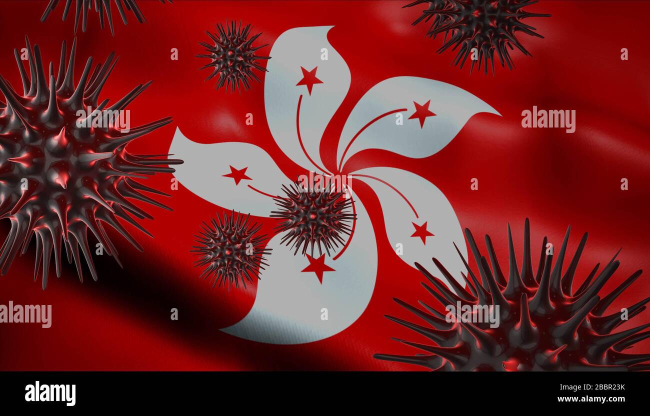 A coronavirus spinning with Hong Kong flag behind as epidemic outbreak infection in Hong Kong Stock Photo