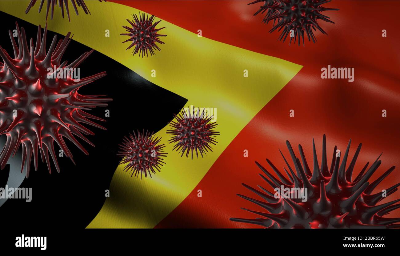 A coronavirus spinning with East Timor Leste flag behind as epidemic outbreak infection in East Timor Leste Stock Photo