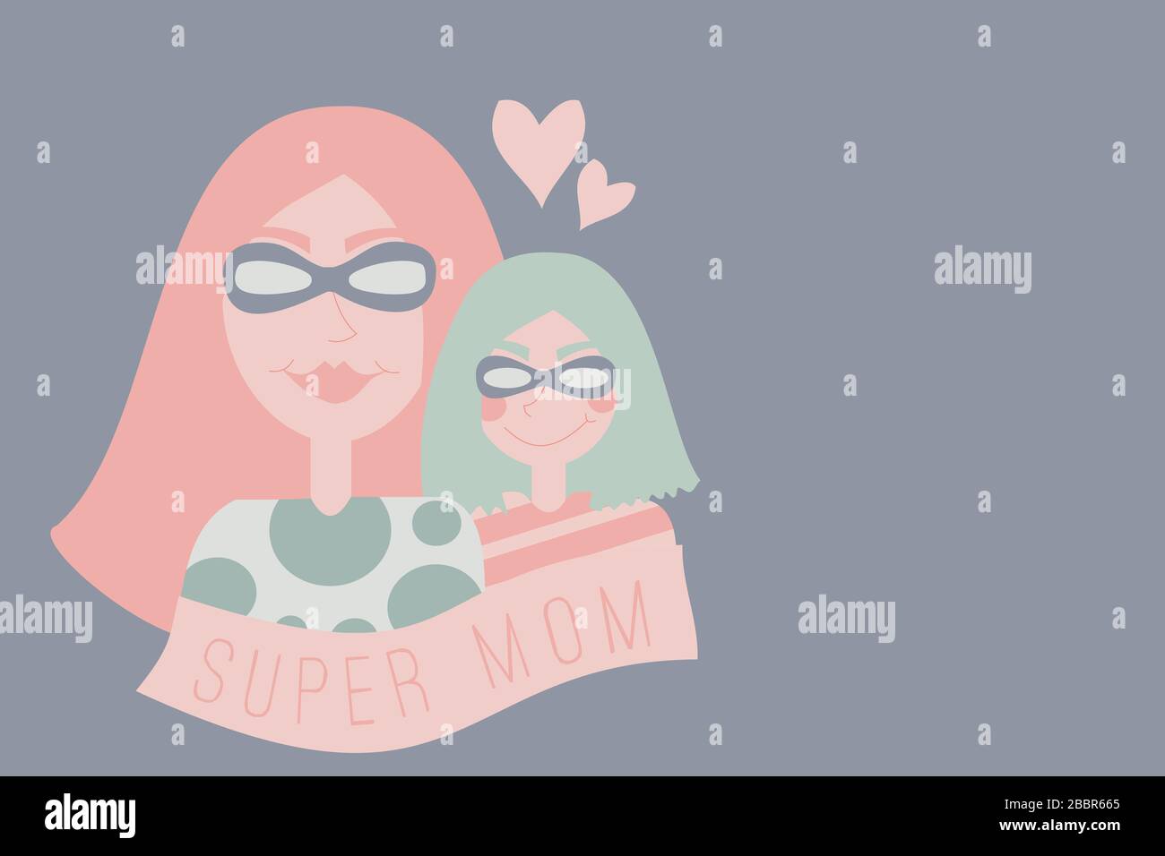 Super Mom Illustration - Mother and daughter wearing super hero costume - Mother’s Day Greeting Card Stock Photo