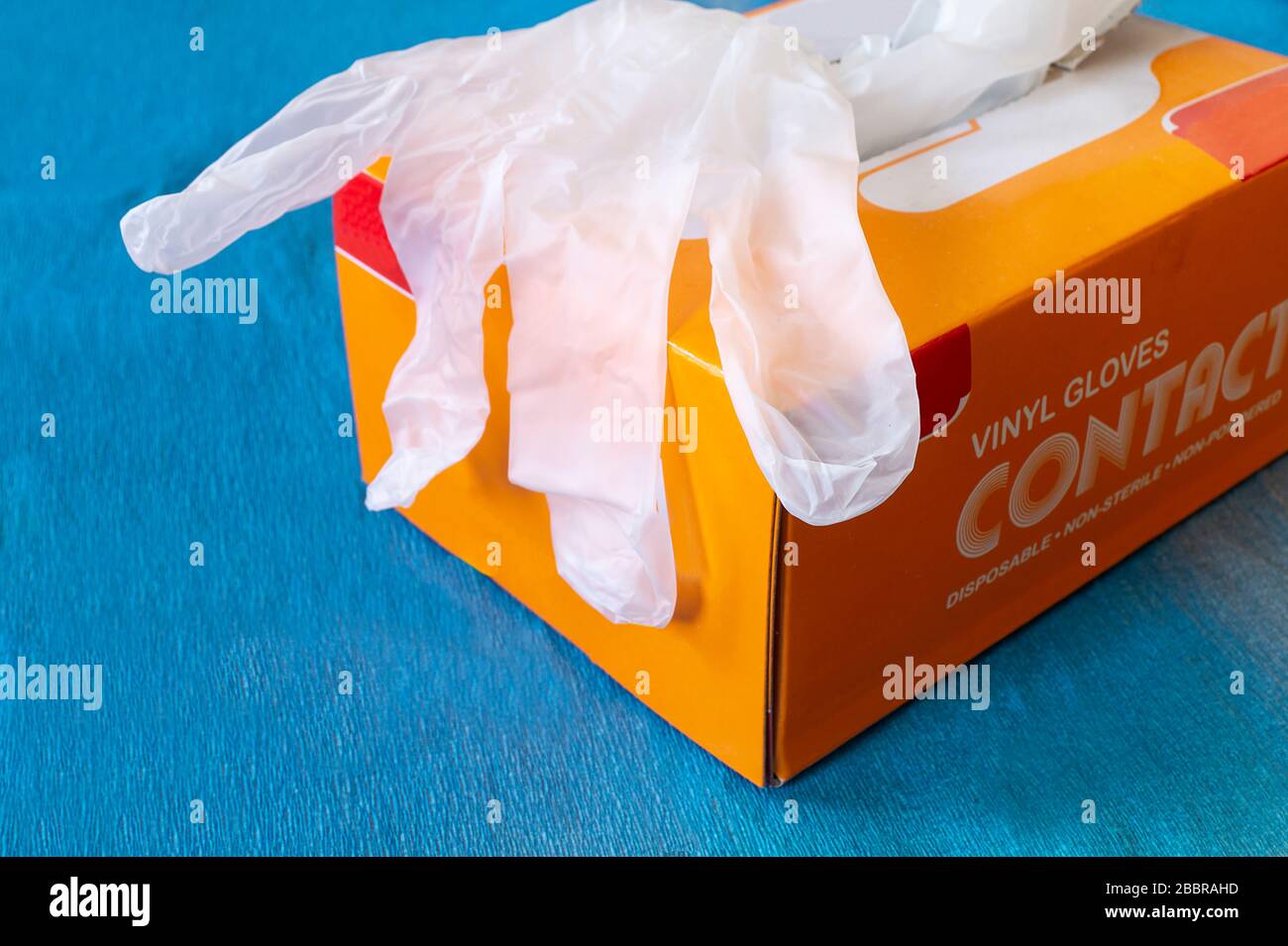 White vinyl gloves in box on turn blue background, Sterile medical gloves in packing Stock Photo