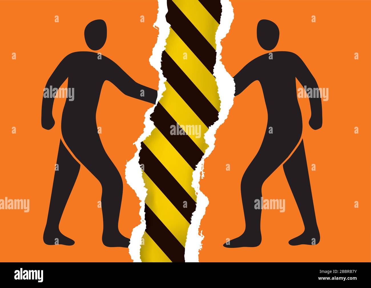 Keep distance ,risk of virus transmission. Torn orange paper with two male silhouettes hand shaking at a meeting. Risk of personal contact and touch. Stock Vector