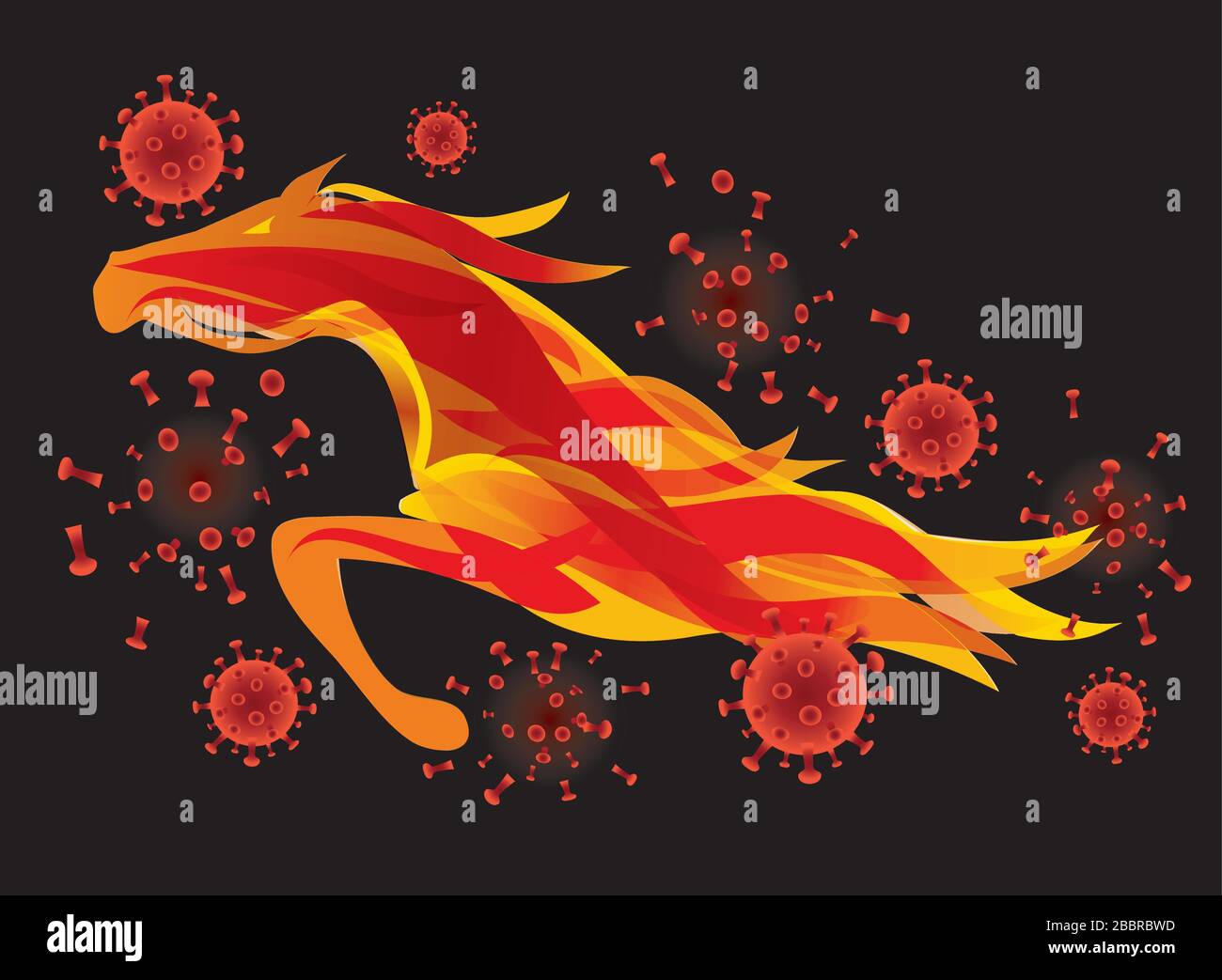 Fiery horse destroying coronavirus,metaphor of disinfectant. Illustration of orange horse. Symbol for an effective medicine, vaccine or disinfection. Stock Vector