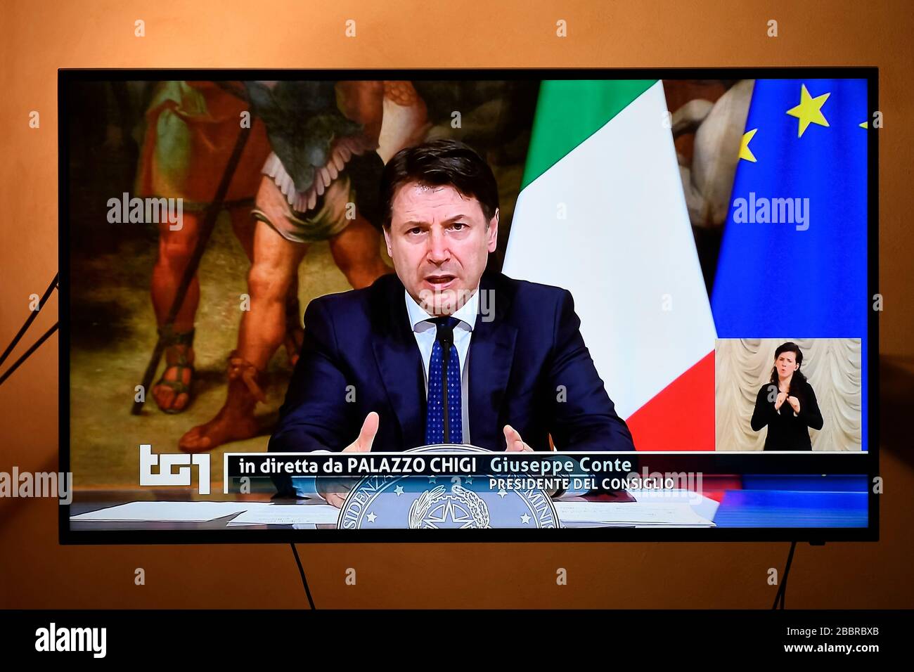 Turin, Italy. 01st Apr, 2020. TURIN, ITALY - April 01, 2020: Italian Prime Minister Giuseppe Conte, broadcasted on television by channel RAI 1, announces the extension of the restrictions until April 13th to contain crisis caused by the coronavirus. The Italian government imposed unprecedented restrictions to halt the spread of COVID-19 coronavirus outbreak, among other measures people movements are allowed only for work, for buying essential goods and for health reasons. (Photo by Nicolò Campo/Sipa USA) Credit: Sipa USA/Alamy Live News Stock Photo