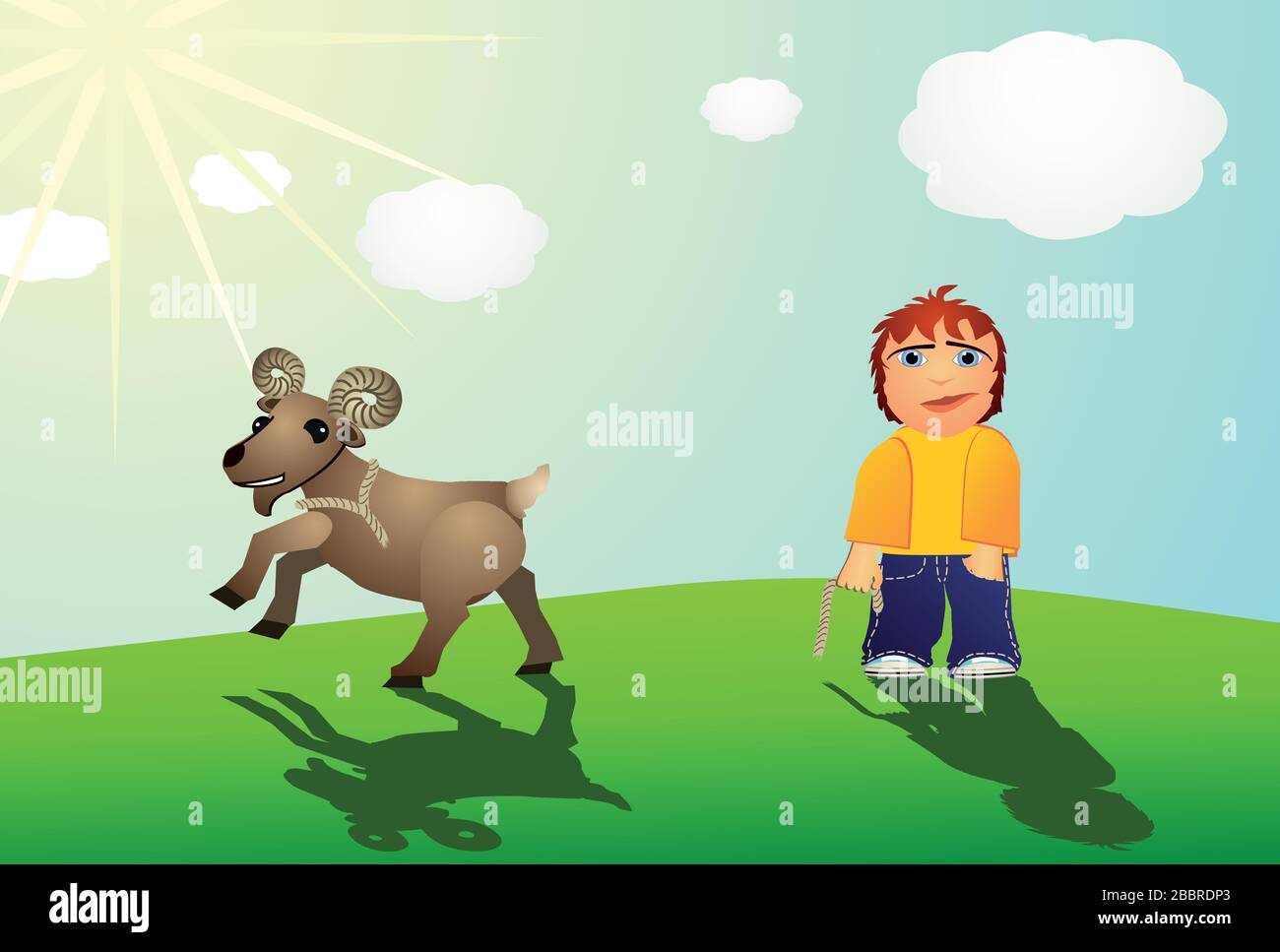 little sad boy loses his goat outdoors Stock Vector