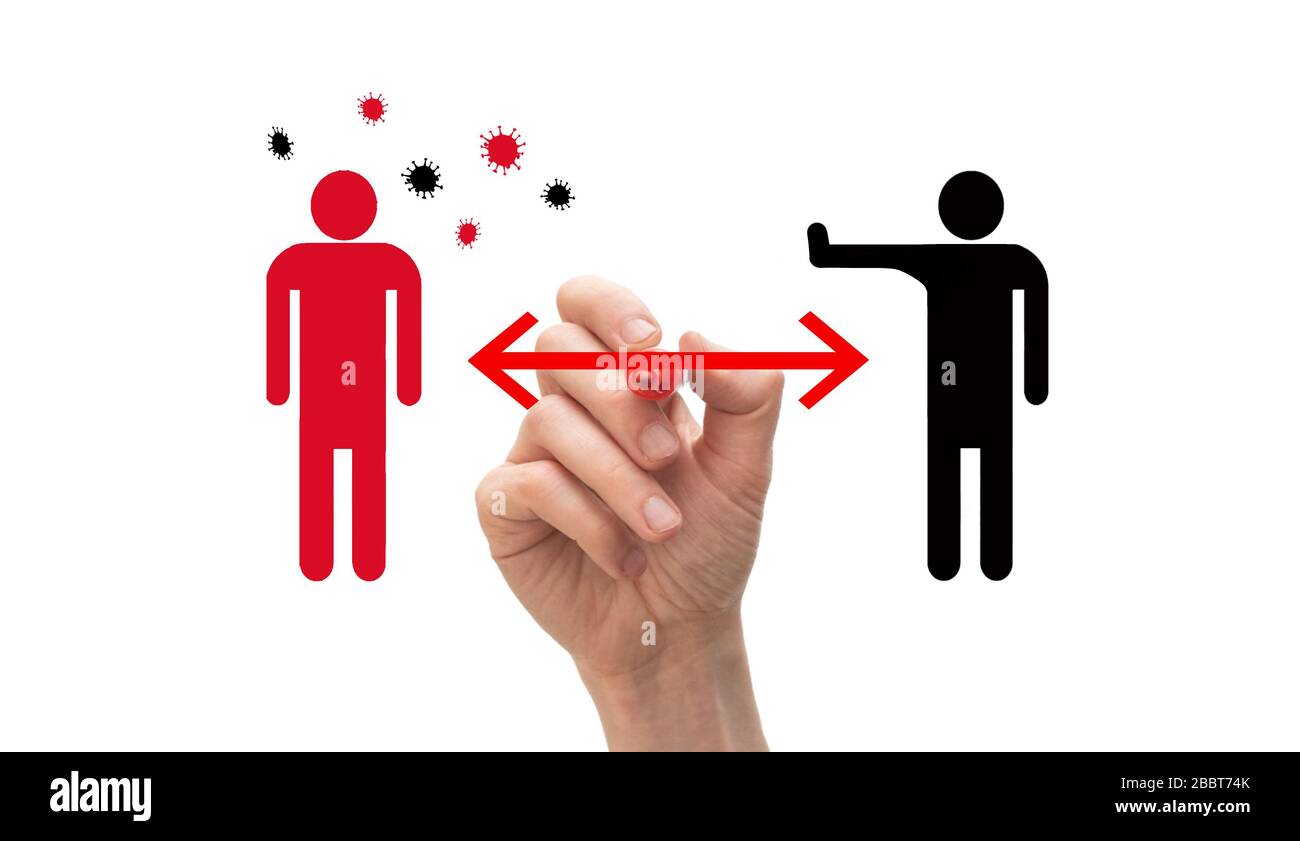 Concept for social distancing. Man holding off red colored virus infected person. Stock Photo