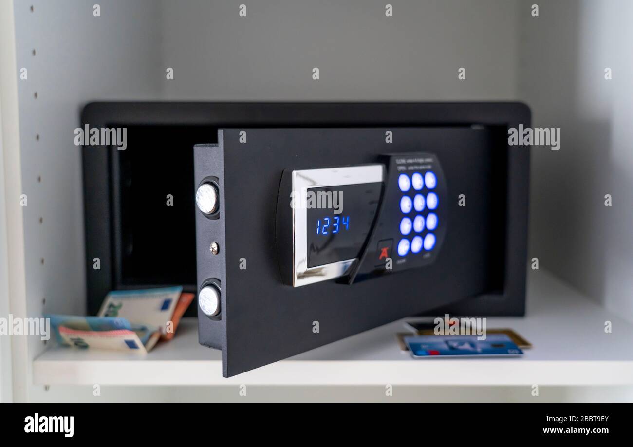 Hotel safe, for the safe storage of valuables in the hotel room, with