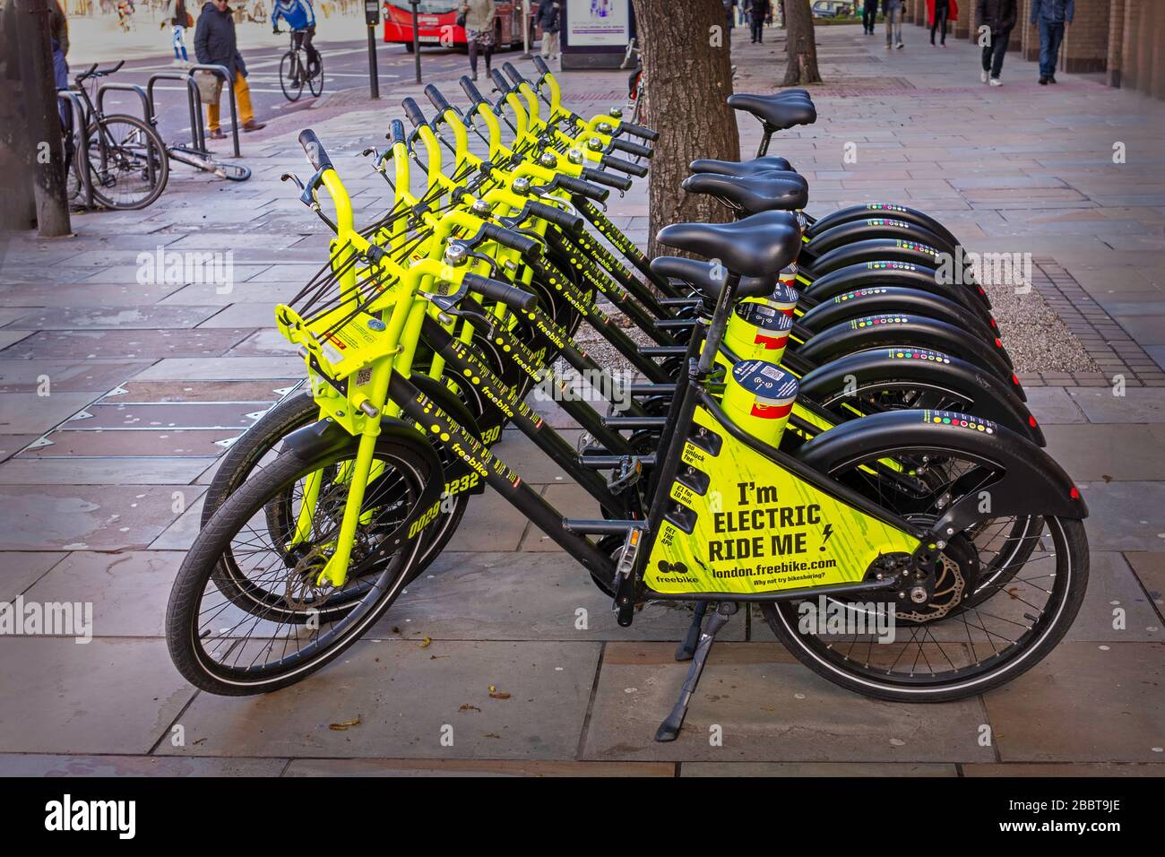 Row of Dockless electric bicycles in The Angel Islington, London Stock Photo