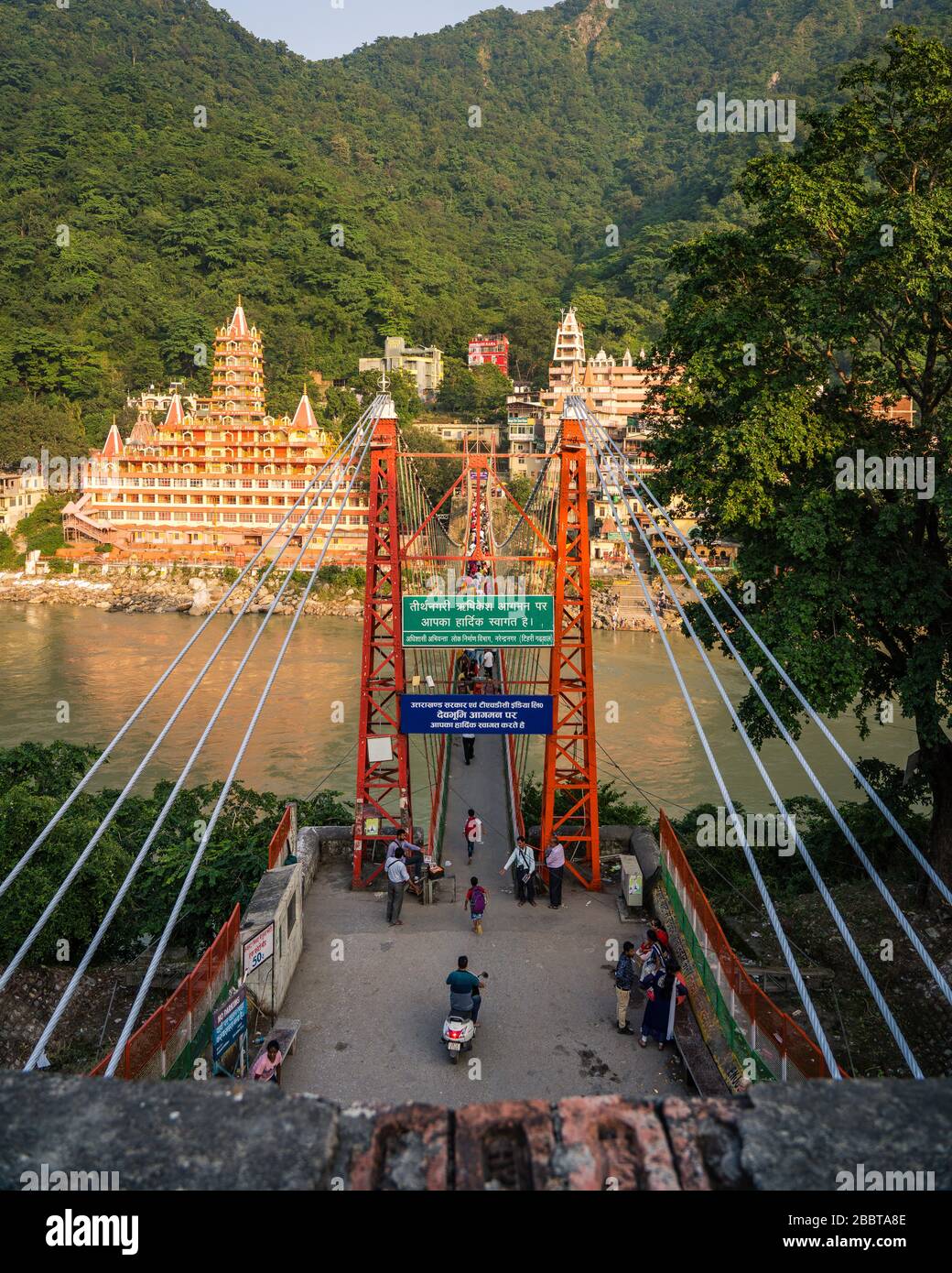 Rishikesh city, India, Oct 2018: Ganges bridge river view Stock Photo