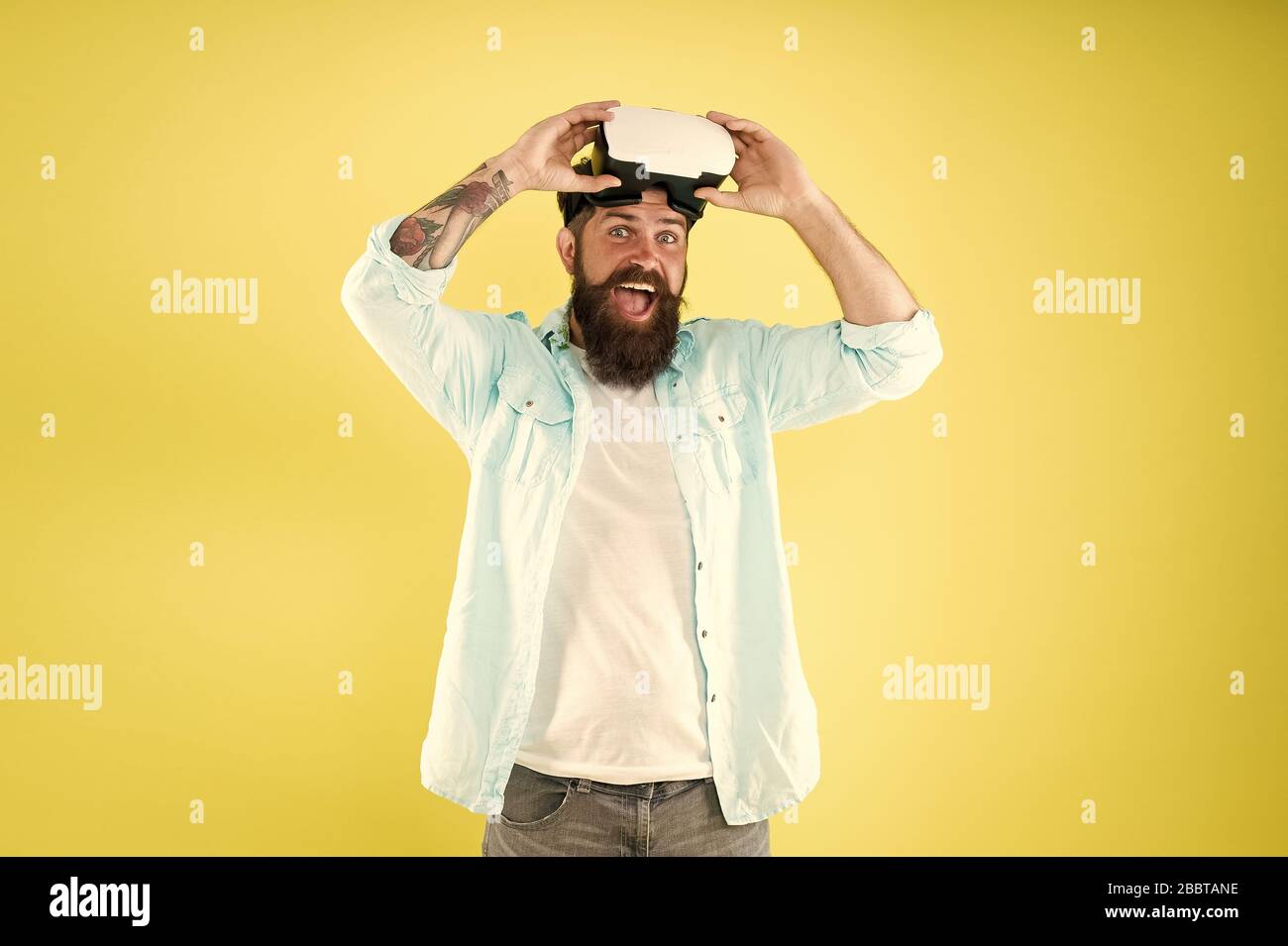 Entertainment. Testing software. Bearded man yellow background vr ...