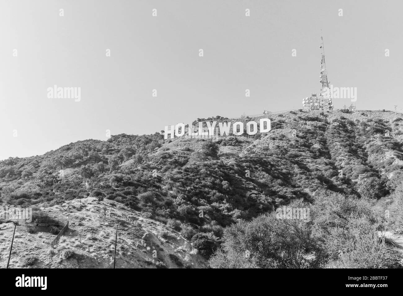 HOLLYWOOD sign on blue sky background. World famous landmark. USA. Los