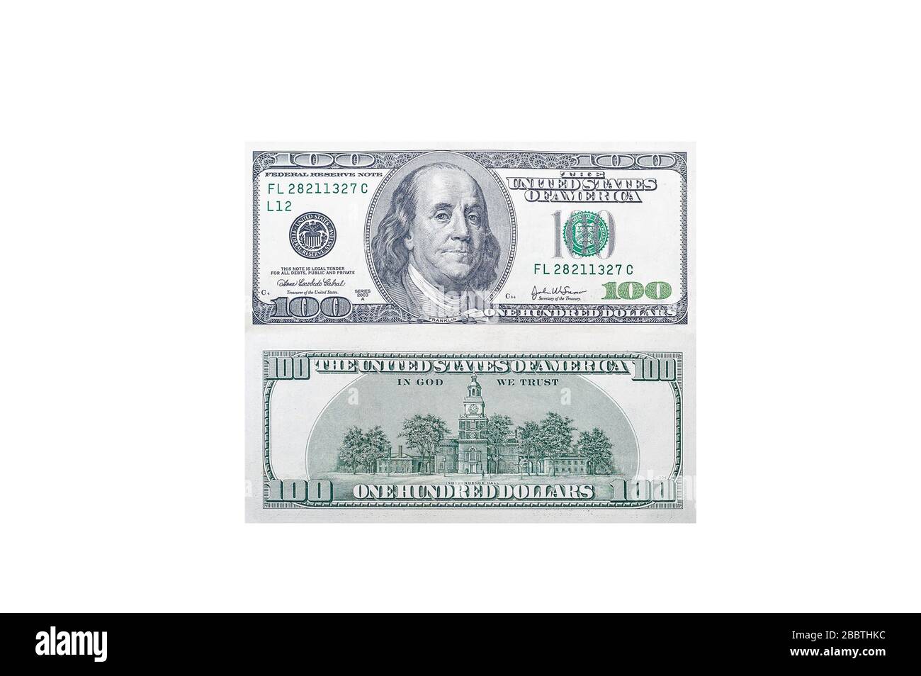 Front and back side of a 100 US dollar bill with a portrait of American President Benjamin Franklin on an isolated white background Stock Photo