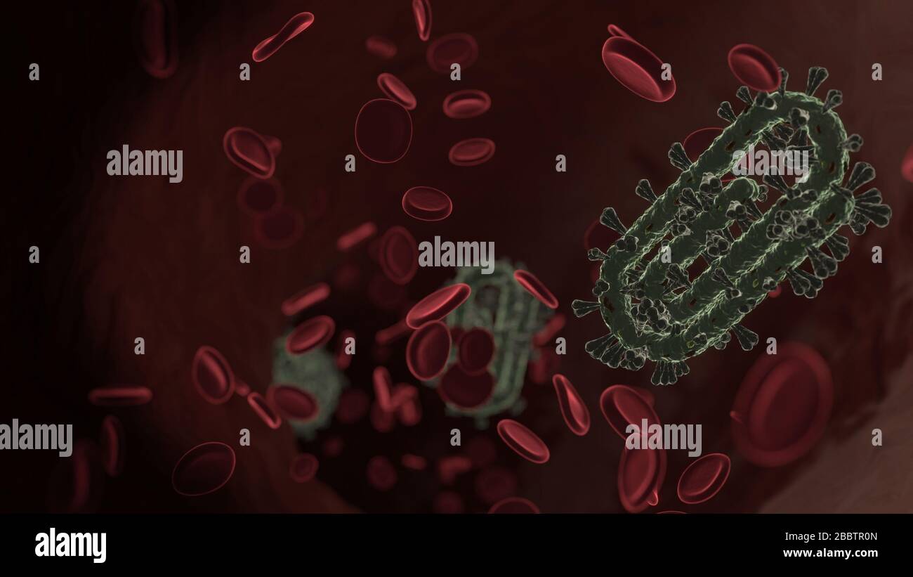 microscopic 3D rendering view of virus shaped as symbol of paper clip as attachment inside vein