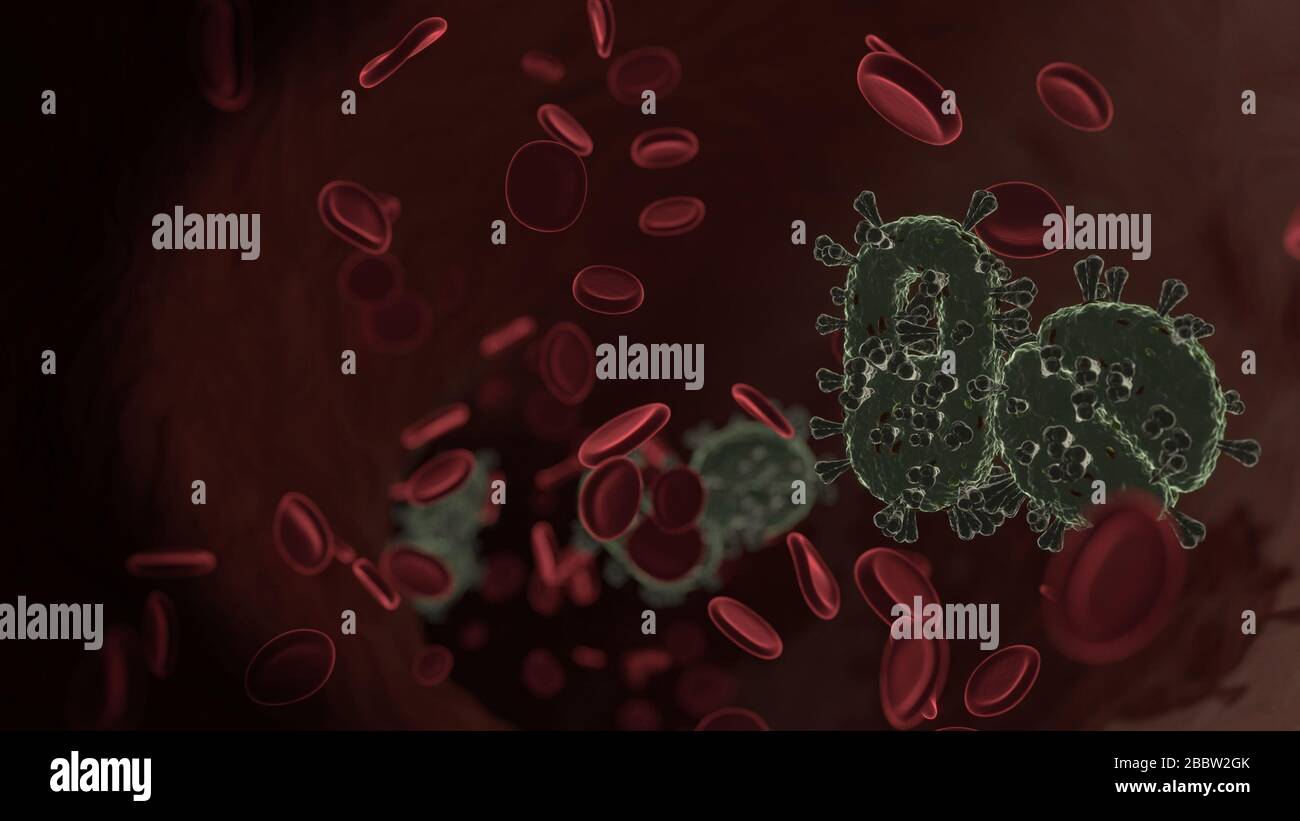 microscopic 3D rendering view of virus shaped as symbol of medical tablet and capsule inside vein with red blood cells Stock Photo