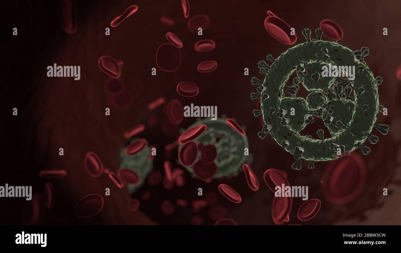 microscopic 3D rendering view of virus shaped as symbol of radiation sign in circle inside vein with red blood cells Stock Photo