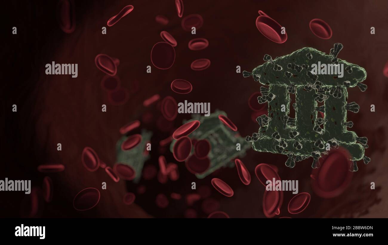 microscopic 3D rendering view of virus shaped as symbol of university building with trhee ancient column inside vein with red blood cells Stock Photo